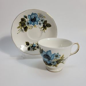 Queen Anne Bone China Blue Floral Tea Cup and Saucer Set Made in England